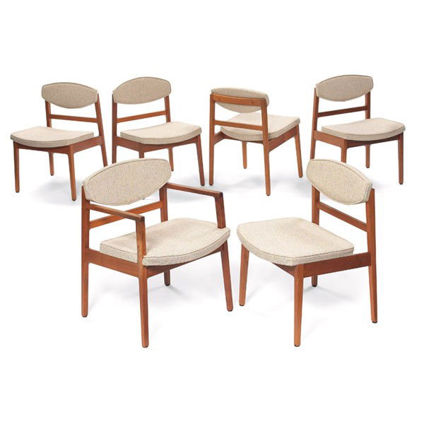 George Nelson dining chairs, six, by Herman Miller: George Nelson dining chairs, six, by Herman Miller, walnut, one armchair and five side chairs, wool upholstery to seats, original finish, four signed with round metal tag, armchair: 21"w x 21"d x 29.5