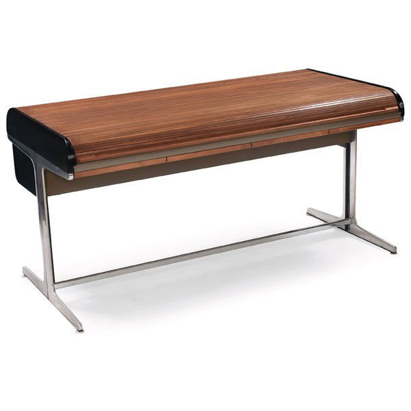 George Nelson Action Office desk, by Herman Miller: George Nelson Action Office desk, by Herman Miller, 1960s, walnut roll-top over a laminate desk surface and aluminum frame, four shallow wood-front drawers, painted sides, metal dividers for files at 