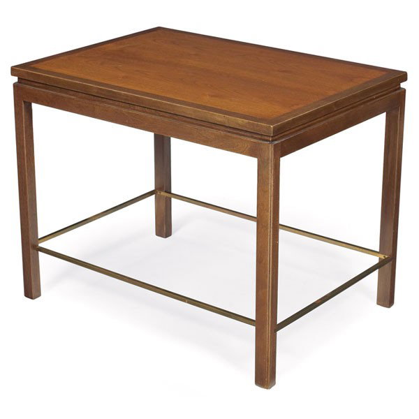 Edward Wormley occasional table, by Dunbar: Edward Wormley occasional table, by Dunbar, mahogany, two-tone rectangular top over four square legs with brass stretchers, rectangular brass tag and paper label, original finish, 28"w x 20"d x 22"h, 