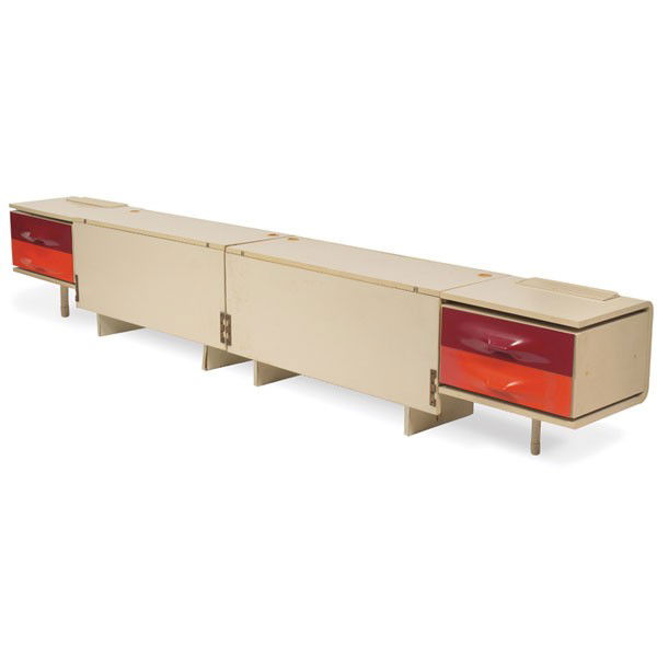 Raymond Loewy DF-2000 king-size headboard, by Doub: Raymond Loewy DF-2000 king-size headboard, by Doubinsky Freres, France, wood and laminate frame with two attached night stands with red molded plastic drawer fronts, each with lift-up top which concea