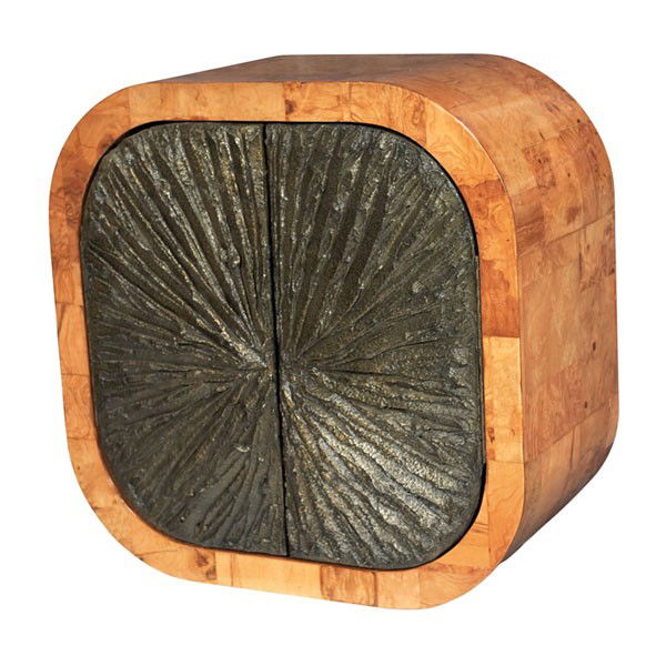 Paul Evans custom wall cabinet, by Paul Evans Stud: Paul Evans custom wall cabinet, by Paul Evans Studio, rounded square cabinet covered in burled wood veneer, two sculpted bronze doors, open interior, original finish, 31.5"w x 17"d x 31.5"h, excellent