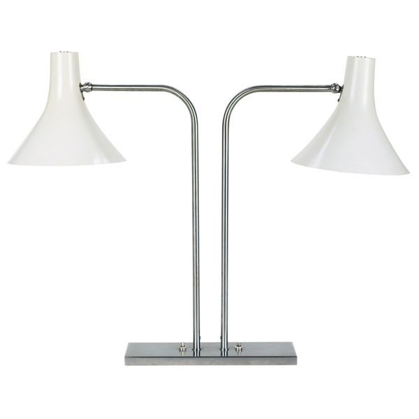 Greta Von Nessen table lamp, by Nessen Studios: Greta Von Nessen table lamp, by Nessen Studios, polished stainless steel base and stem with two adjustable white enameled shades, unsigned, 29"w x 24.5"h, shades: 8.5"dia, excellent condition