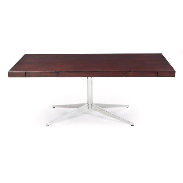 Florence Knoll Executive/Partner's desk, by Knoll: Florence Knoll Executive/Partner's desk, by Knoll, large rectangular top over chromed steel base, four shallow drawers (two per side), refinished, Knoll International Park Ave. label, 72"w x 38"d x 28