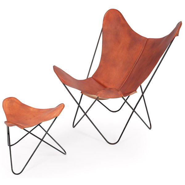 Jorge Ferrari-Hardoy, Antonio Bonet and Juan Kurch: Jorge Ferrari-Hardoy, Antonio Bonet and Juan Kurchan Butterfly chairand ottoman, designed in Argentina in 1938, black enameled wrought-iron frame with tan leather sling seat, chair: 32"w x 30"d x 35"h