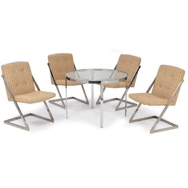Bernhardt dining set: Bernhardt dining set, 1960s, chromed steel, round table with inset glass top, four chairs with cantilevered frames, original tufted upholstery, signed with Bernhardt/Flair labels, table: 38"dia. X 27.