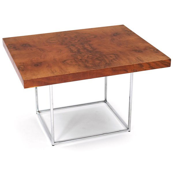 Milo Baughman occasional table, by Thayer Coggin: Milo Baughman occasional table, by Thayer Coggin, rectangular burled wood top over an open chrome frame, original, unsigned, 30"w x 24"d x 19"h, very good original condition