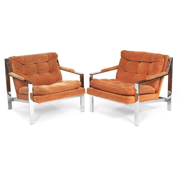 Milo Baughman lounge chairs, pair, by Thayer Coggi: Milo Baughman lounge chairs, pair, by Thayer Coggin, chromed metal frames with padded armrests and tufted cushions in original orange velour upholstery, unsigned, 30"w x 32"d x 28.5"h, wear to fabric,