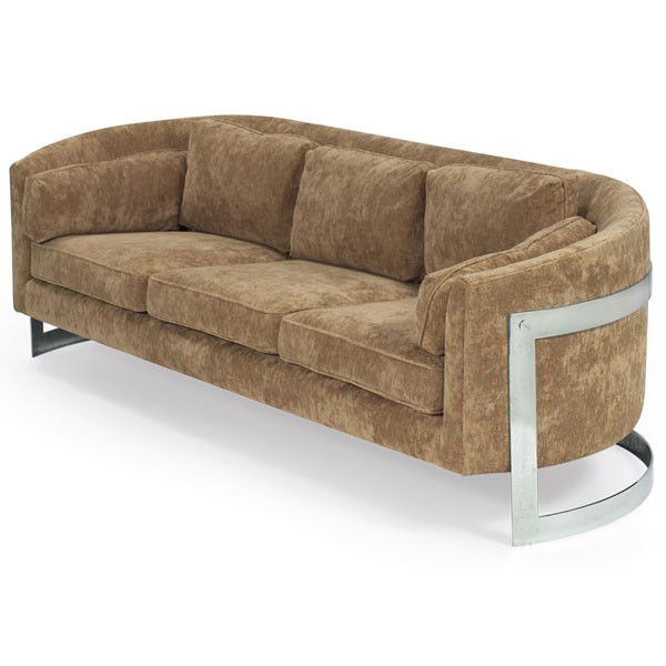 Milo Baughman sofa, by Thayer Coggin: Milo Baughman sofa, by Thayer Coggin, curved chrome-plated steel frame, new tan chenille upholstery, 86"w x 32"d x 30"h, excellent condition