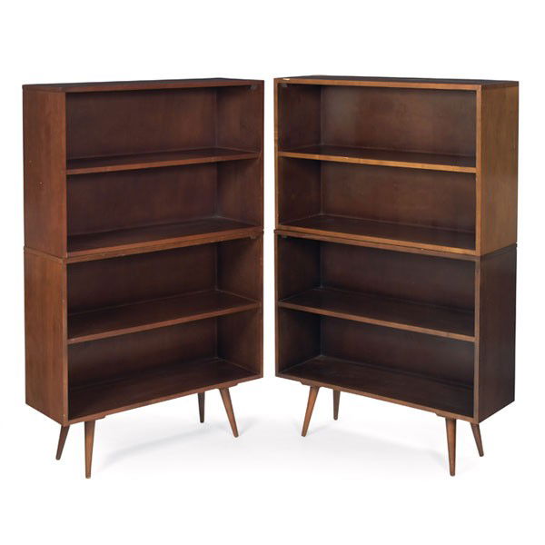 Paul McCobb Planner Group stacked bookcases, pair: Paul McCobb Planner Group stacked bookcases, pair by Winchendon, each portion with one fixed shelf, tapered legs, marked with Planner label on base cabinet, original finish, 36"w x 12"dx 57"h