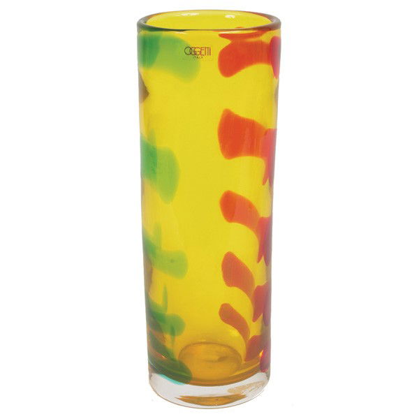 Oggetti glass vase: Oggetti glass vase, Italy, cylindrical form in yellow glass with red and green internal decoration, signed with "Oggetti Italy" decal and etched artist's signature and dated 98, 4.75"dia x 13.25"h, mi