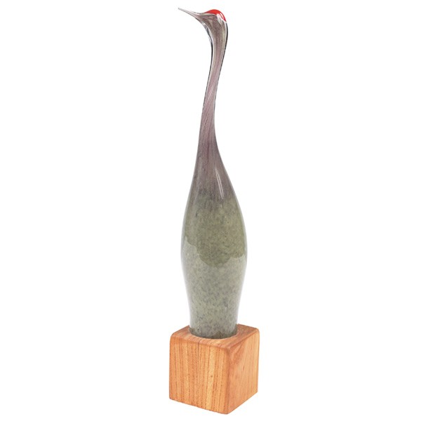 Vicke Lindstrand glass sculpture, by Kosta Boda: Vicke Lindstrand glass sculpture, by Kosta Boda, bird form of green glass encased in clear, applied red glass trim to top, square wood base, 16"h, mint condition