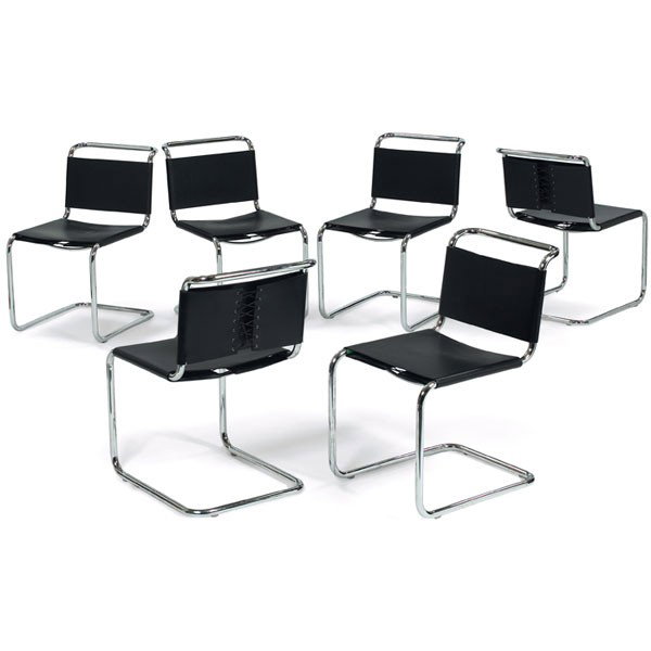 Ufficio Tecnico Spoleto chairs, six, by Knoll: Ufficio Tecnico Spoleto chairs, six, by Knoll, tubular chromed steel frames support original black leather sling seats and backs, 18.5"w x 23.5"d x 18.5"h, very good original condition