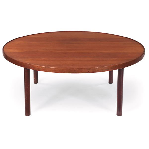 Einar Larsen and Axel Bender Madsen coffee table, : Einar Larsen and Axel Bender Madsen coffee table, by Naestved Mobelfabrik, Denmark, teak, round top over four removable legs, slight lip to edge of top, original finish, stamped " NM Made in Denmark",