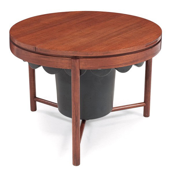 Rolf Rastad and Adolf Relling bar table, by Rasmus: Rolf Rastad and Adolf Relling bar table, by Rasmus Solberg, c. 1965, teak and leather with brass hinges, hinged top reveals a large swiveling plastic insert with compartments in place of the usual lea