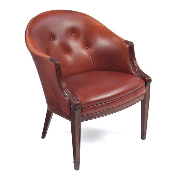 Fritz Henningsen armchair: Fritz Henningsen armchair, Denmark, carved wood frame, newly reupholstered in cognac-colored leather, original finish to wood, 26"w x 28"d x 31"h, excellent condition