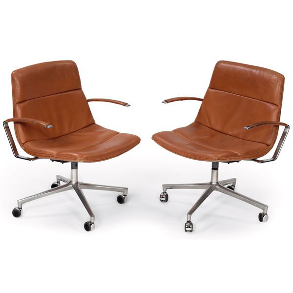 Preben Fabricius and Jorgen Kastholm chairs, pair,: Preben Fabricius and Jorgen Kastholm chairs, pair, by Alfred Kill, c. 1968, polished steel frames with original tan leather seats, leather-covered armrests, 27.5"w x 24"d x 33.25"h, very good original