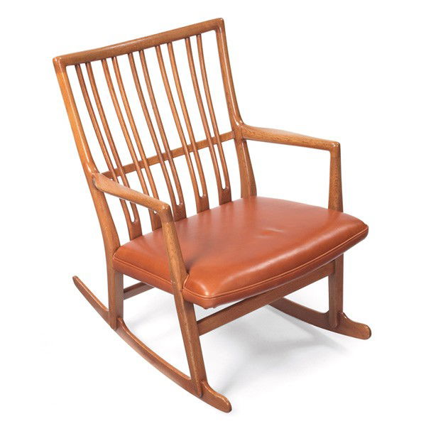 Hans Wegner rocking chair, by Mikael Laursen: Hans Wegner rocking chair, by Mikael Laursen, oak form with vertical slats to back which are pierced by a horizontal bar, original finish, new tan leather upholstery, refinished, 24.25"w x 30"d x 30"h