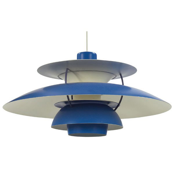 Poul Henningsen PH-5 hanging lamp, by Louis Poulse: Poul Henningsen PH-5 hanging lamp, by Louis Poulsen, Denmark, 1960s, tiered enameled metal form in blue with white and polished aluminum accents, bright red section to center, 19.5"dia x 10.5"h, excel