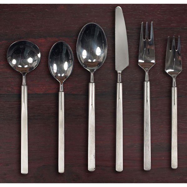 Erik Herlow "Obelisk" stainless steel flatware, by: Erik Herlow "Obelisk" stainless steel flatware, by Copenhagen Cutlery, Denmark, 36 pieces, six 6-piece place settings (knife, dinner fork, salad fork, teaspoon, soup spoon, tablespoon), stamped maker'
