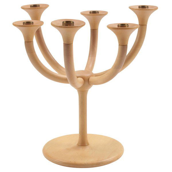 Nanna Ditzel candleholder, by Brdr. Kruger: Rare Nanna Ditzel candleholder, by Brdr. Kruger, Denmark, six curved arms in turned wood, signed with burned mark to base "woodturning by DRDR Kruger Denmark Design Nanna Ditzel", original finish, 13.