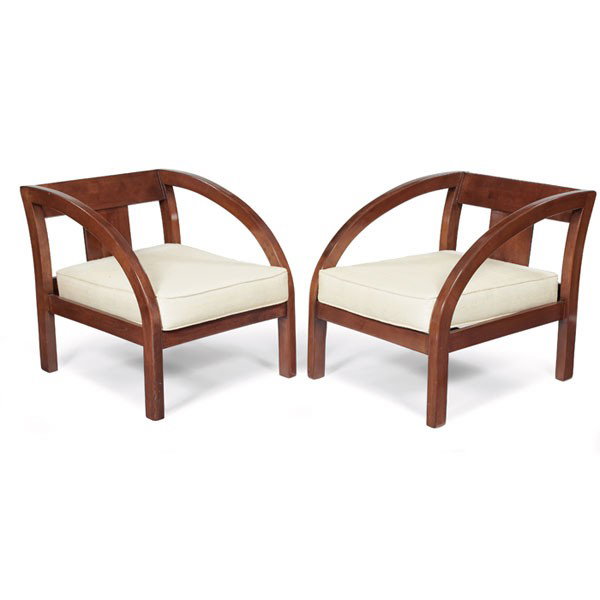 Paul Frankl "D" lounge chairs: Paul Frankl "D" lounge chairs, pair, hardwood frames with original metal springs and supports straps, reupholstered in off-white silk, refinished, 24.5"w x 32"d x 32"h, very good condition