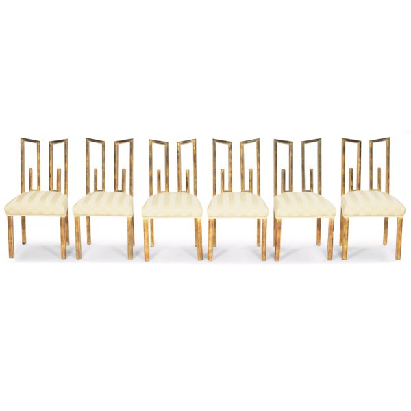 James Mont dining chairs: James Mont dining chairs, six, carved wood frames with original silvered finish, tonal stripe upholstery, 18.5"w x 21.5"d x 35.5"h, very good condition