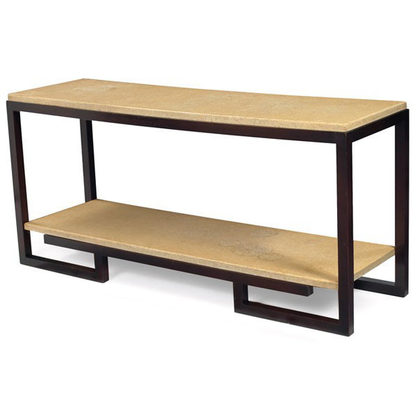 Paul Frankl two-tiered console table, by Johnson F: Paul Frankl two-tiered console table, by Johnson Furniture Co., mahogany frame with cork top and lower shelf, signed with stenciled model number under top, original finish, 60"w x 18"d x 28"h, some wa