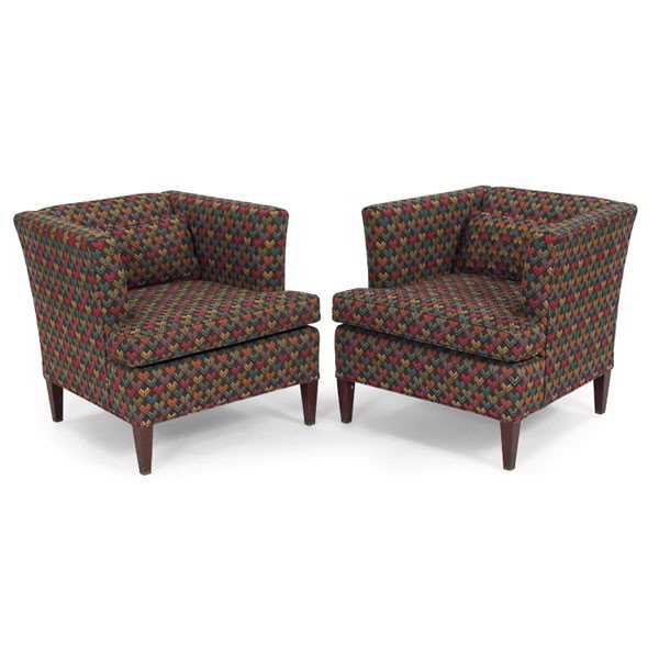 Paul Frankl lounge chairs: Paul Frankl lounge chairs, pair, attribution, even-arm forms over tapered mahogany legs with brass caps to feet, reupholstered, 28.5"w x 30"d x 27"h, very good condition