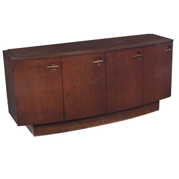 Gilbert Rohde Formal Dining Group sideboard, by He: Gilbert Rohde Formal Dining Group sideboard, by Herman Miller, 1940s, Maidou burl and mahogany curved case over a rosewood base, four doors with round cutouts with horizontal nickel bar, original fini