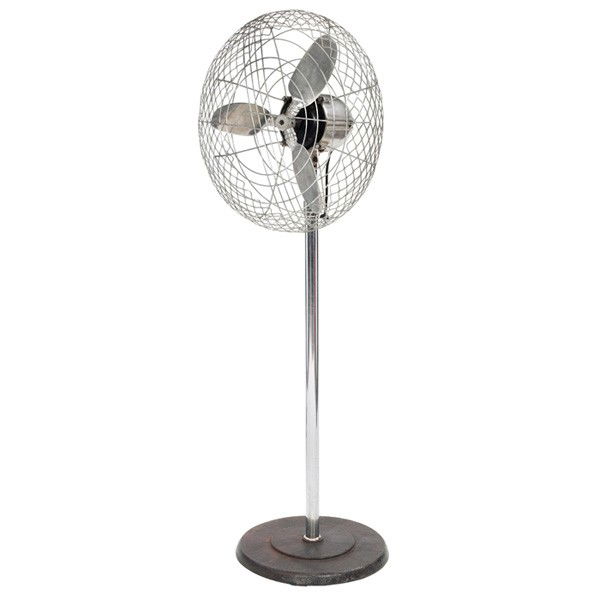 Machine Age floor fan, probably by Air Castle: Machine Age floor fan, probably by Air Castle, cast aluminum blade and housing with Machine Age styling, aluminum wire cage, weighted black enameled steel base, 27"dia x 74"h, unsigned, in good workin
