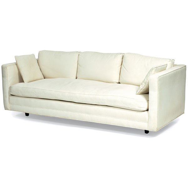 1960s loveseat: 1960s loveseat, designer unknown, even-arm form with five small wood legs, reupholstered, unsigned, 79"w x 33"d x 30"h, very good condition