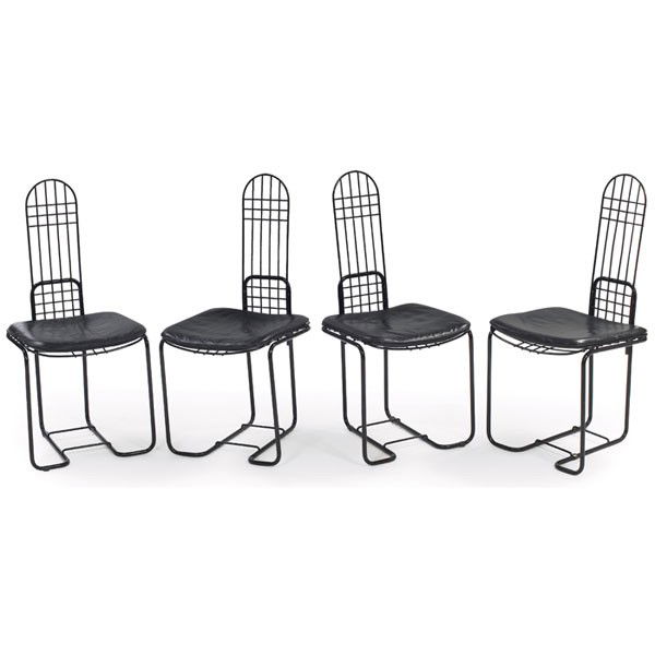 Gastone Rinaldi dining chairs, four, by Thema: Gastone Rinaldi dining chairs, four, by Thema, Italy, tubular metal frames with original black enameled finish, gridwork design to backrests, original black leather seat cushions, 18"w x 21"d x 39"h,