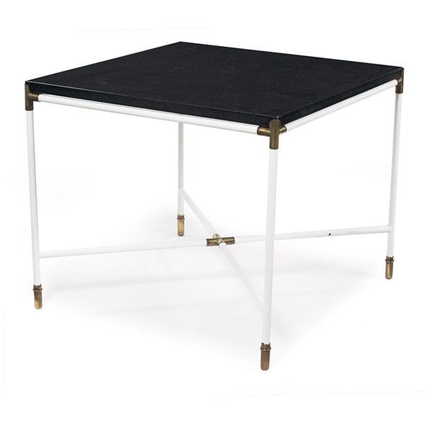 Tommi Parzinger dining or game table: Tommi Parzinger dining or game table, square, white enameled metal frame with brass feet and brass details, replaced black granite top rests in table frame, unsigned, 32.75"sq x 28"h, original finish,