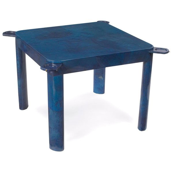 Karl Springer game table: Karl Springer game table, blue stained goatskin over wood, four swiveling drink holders, two drawers, oval legs, original finish, 36"sq x 29"h, very good original condition