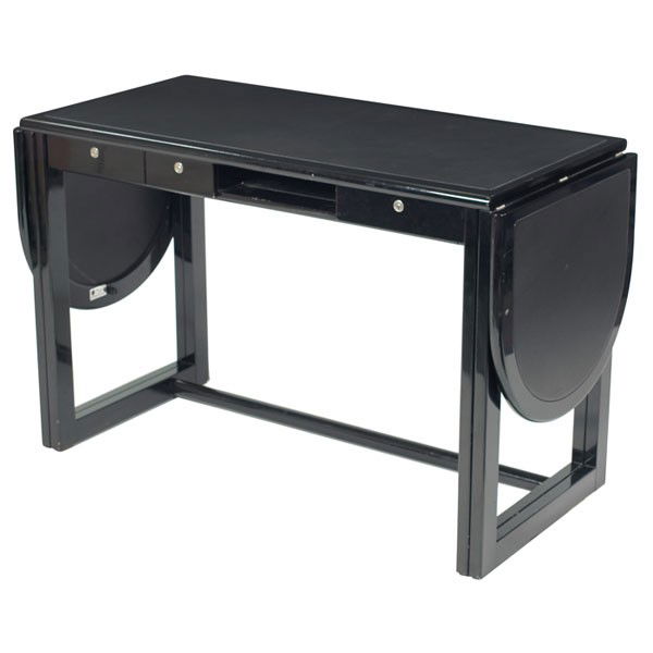 Pozzi and Verga desk: Pozzi and Verga desk, Italy, black lacquered wood form with drop sides, black leather surface, three drawers and one open compartment with black leather lining, locking drawers, key missing, original