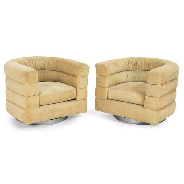 1960s lounge chairs, pair, possibly by Milo Baughm: 1960s lounge chairs, pair, possibly by Milo Baughman, curved forms with channeled upholstery over round swiveling bases of polished metal over wood, original upholstery, unsigned, 34"w x 34"d x 28"h, 