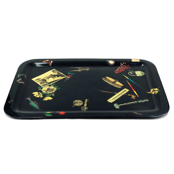 Piero Fornasetti tray: Large Piero Fornasetti tray, Italy, black background with colorful decorations, signed with Fornasetti paper label to back and "Oggetti colore su nero" paper label to front, 30.5" x 22.5", very good c