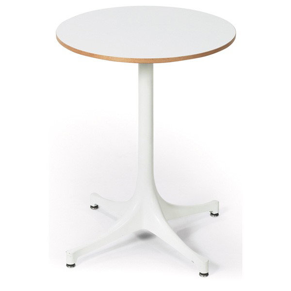 George Nelson Swag leg occasional table, by Herman: George Nelson Swag leg occasional table, by Herman Miller, round white laminate top over white enameled aluminum base, signed with round metal tag, 17"dia. x 22.5"h, excellent original condition