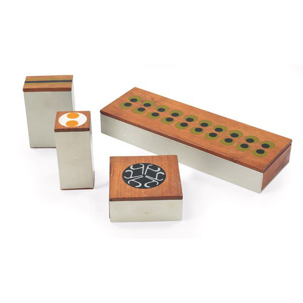 Peter Pepper boxes: Peter Pepper boxes, four, 1960s, aluminum with wood lids and decorative inlay, two with Peter Pepper labels, largest: 12"w x 4"d x 1.75"h, smallest: 2"w x 2"d x 4.25"h, very good original condition