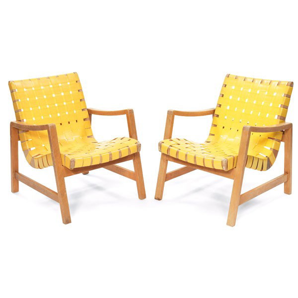 Jens Risom chairs, pair, by Knoll: Jens Risom chairs, pair, by Knoll, 1950s, birch frames with woven plastic strap seats, original finish, 24"w x 28"d x 29"h, straps replaced, good original condition