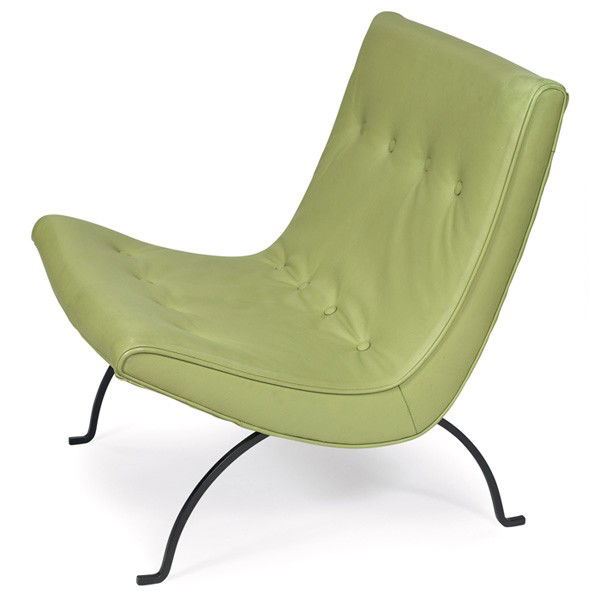 Milo Baughman lounge chair: Milo Baughman lounge chair, 1950s, manufactured for Murray Furniture by Thayer Coggin, armless form with tufted and welted bright green vinyl, wrought-iron frame, original finish, 27"w x 27"d x 29"h,