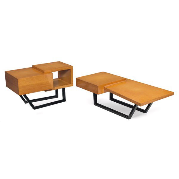 1950s coffee table and end table, in the manner of: 1950s coffee table and end table, in the manner of George Nelson, birch tops over ebonized wood legs, end table with open compartment and one drawer, coffee table with trapezoidal top and one drawer,