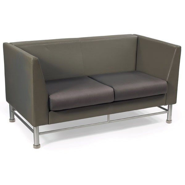 Ettore Sottsass Eastside loveseat, by Knoll: Ettore Sottsass Eastside loveseat, by Knoll, original gray leather upholstery and cloth seat cushions, powder-coated frame with original clear feet, signed with Knoll fabric under seat cushions and un