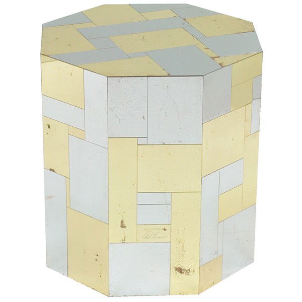 Paul Evans occasional table or dining table base,: Paul Evans occasional table or dining table base, by Directional, octagonal form with brass and chrome patchwork, signed "An Original Paul Evans," can also be used with a glass top to form a dining ta