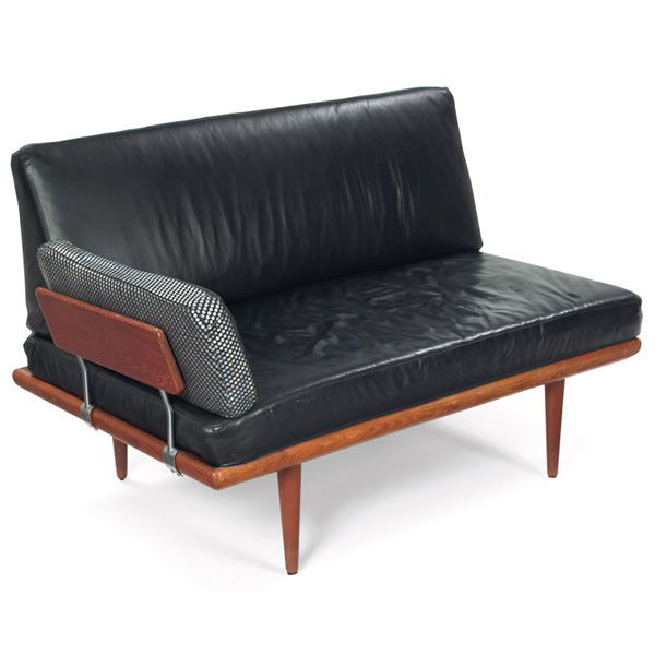 Peter Hvidt loveseat/daybed, by France and Daverko: Peter Hvidt loveseat/daybed, by France and Daverkosen, teak frame over tapered legs, slanted teak armrests supported by steel fittings, floating backrest, signed with metal medallion, reupholstered in