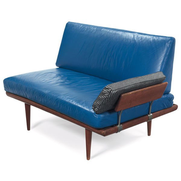 Peter Hvidt loveseat/daybed, by France and Daverko: Peter Hvidt loveseat/daybed, by France and Daverkosen, teak frame over tapered legs, slanted teak armrests supported by steel fittings, floating backrest, signed with metal medallion, reupholstered in