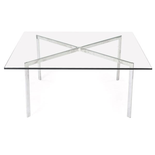 Barcelona style coffee table after the Mies van de: Barcelona style coffee table after the Mies van der Rohe design, maker unknown, polished metal frame supports square glass top, unmarked, 40"w x 40"d x 17.5"h, excellent condition
