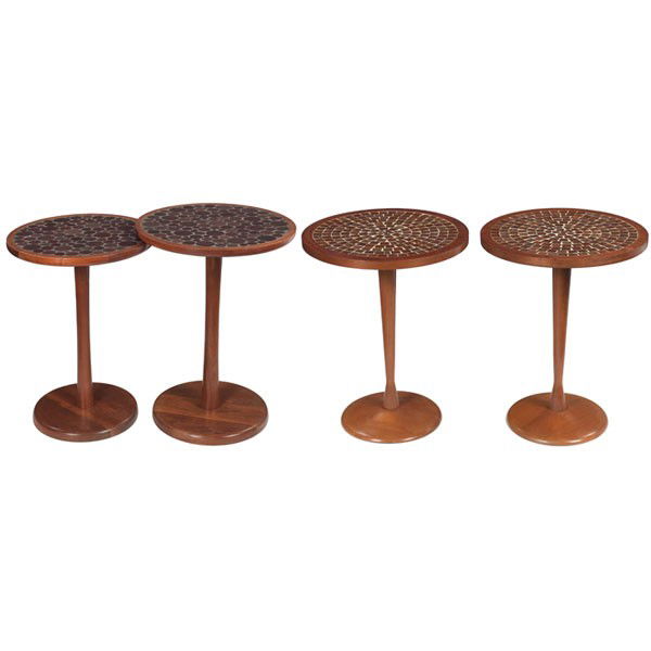 Gordon and Jane Martz side tables: Gordon and Jane Martz side tables, four, USA, walnut frames with inset tiles to top, original finish, pair with glass tiles, 15"dia. x 19.25"h, very good condition, pair with brown glazed tiles, 15"di