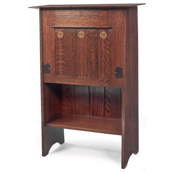 Gustav Stickley desk, #706: Gustav Stickley desk, #706, designed by Harvey Ellis, drop-front form with organic inlaid details in copper, pewter and fruit woods, complete interior, refinished, signed with red decal, 30"w x 11.5"d