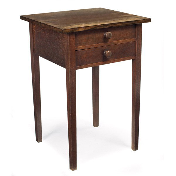 Gustav Stickley night stand, #642: Gustav Stickley night stand, #642, two drawers with original wood knobs supported by tapered legs, refinished, signed with red decal, some wear to top, 20"w x 18"d x 29"h, very good condition.From the